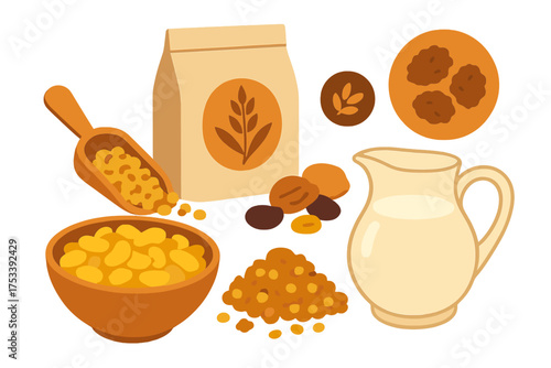 Healthy breakfast components assortment: cereal, milk, dried fruits, and grain flour