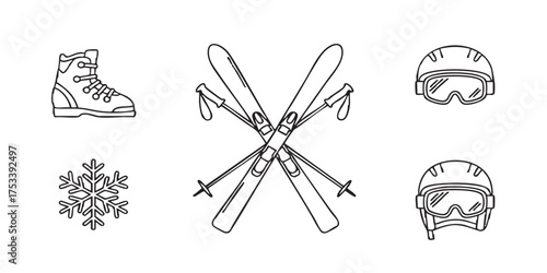 Set of ski equipment crossed skis outline icons vector
