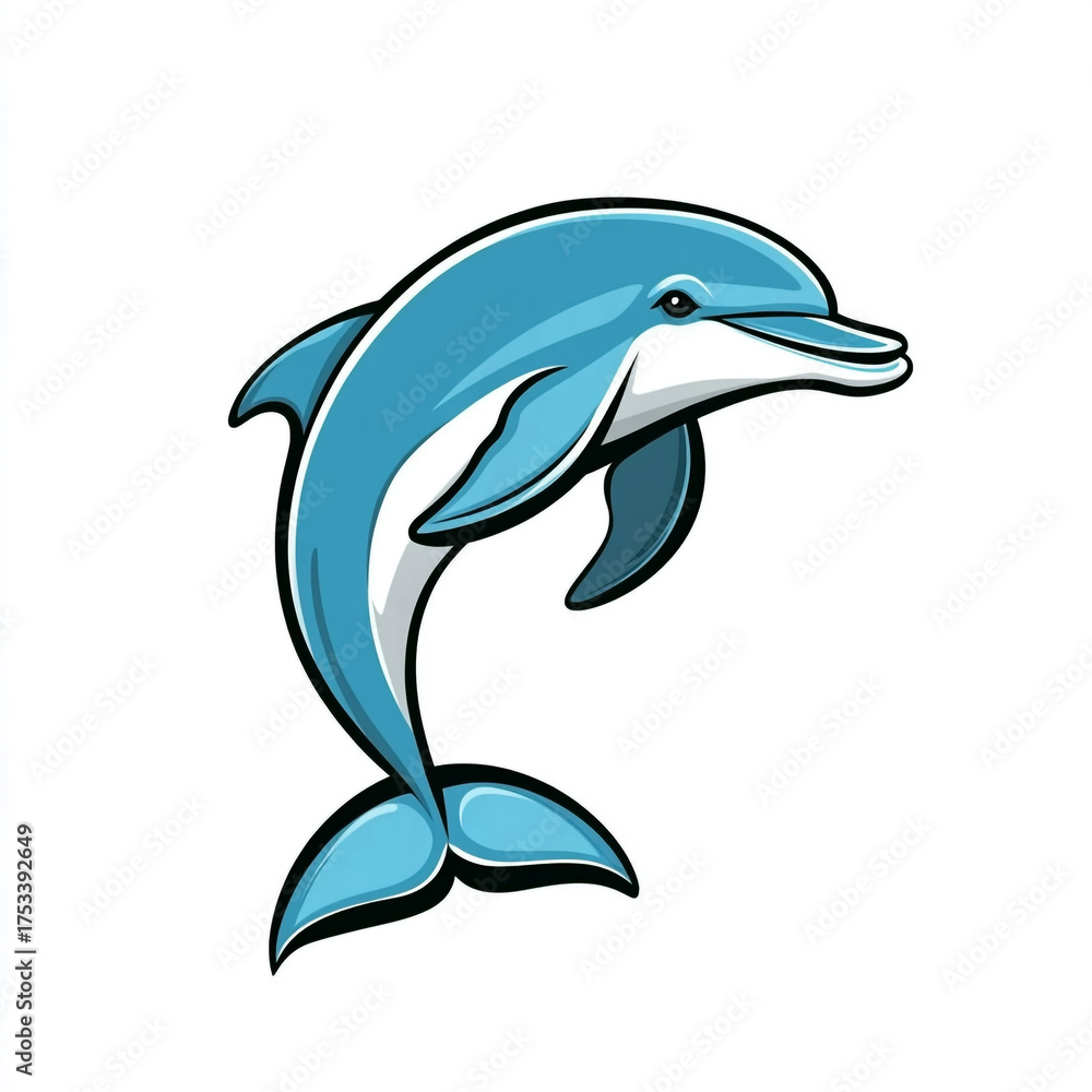 Obraz premium An isolated cartoon-style image of a bottlenose dolphin leaping. The marine mammal has a sleek, body with high-gloss highlights, captured mid-jump.