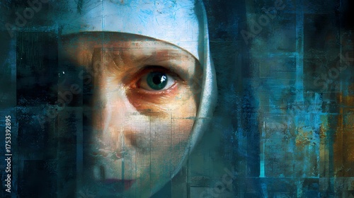 Moody artistic portrayal of a Slavic nun in shadow, symbolizing sacred duty intertwined with supernatural tension.