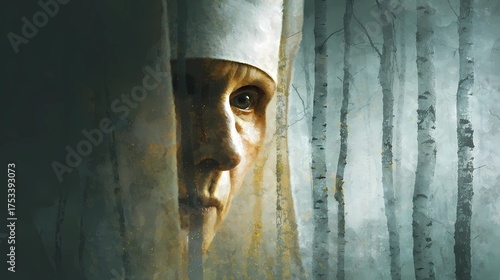 Gothic-style Slavic nun captured in dim ambience, evoking themes of devotion, solitude, and eerie grace.