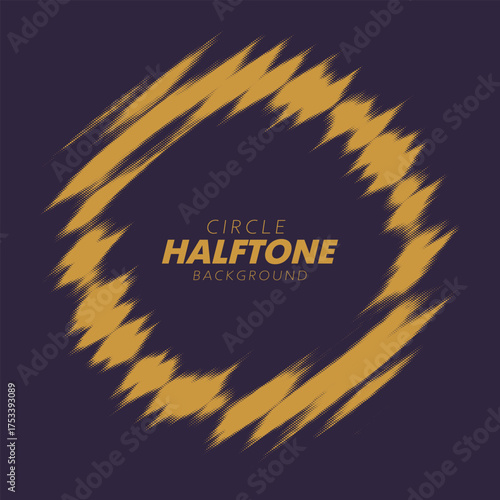 Abstract vector torn halftone fluid circle frame. Scratched dotted pop art wavy dynamic ring.