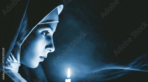 Gothic-style Slavic nun captured in dim ambience, evoking themes of devotion, solitude, and eerie grace.