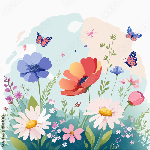 Wiesenblumen in Pastellfarben mit Schmetterlingen