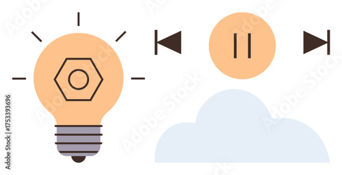 Light bulb representing ideas, media buttons for control, and a cloud for storage or streaming. Ideal for creativity, technology, innovation, cloud storage, media, brainstorming digital solutions