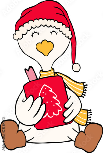 Cheerful Goose Celebrating Christmas: An adorable cartoon goose, dressed in a festive santa hat and scarf, joyfully clutches a Christmas gift box adorned with a Christmas tree symbol.