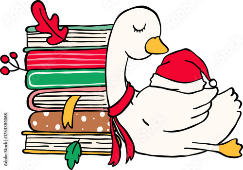 Festive Goose's Literary Dream: A charming cartoon goose, nestled beside a stack of books adorned with holiday cheer, wears a Santa hat, evoking a sense of cozy.