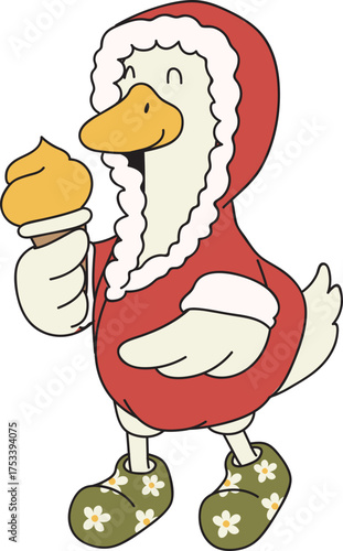Duck Enjoying Ice Cream: An adorable cartoon duck, clad in a cozy hooded coat and whimsical boots, beams with delight as it holds a delectable ice cream cone
