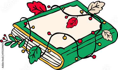 Festive book with decorative foliage: An enchanting illustrated book adorned with vibrant holiday decorations.