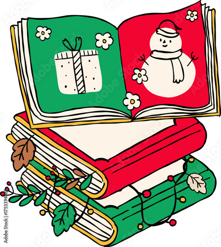 Festive Storytime: A stack of illustrated Christmas books unfolds stories of holiday cheer. With charming artwork, this scene sparks imagination and holiday excitement.