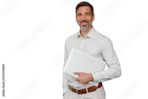Smiling businessman holding laptop, looking at camera, standing with transparent background