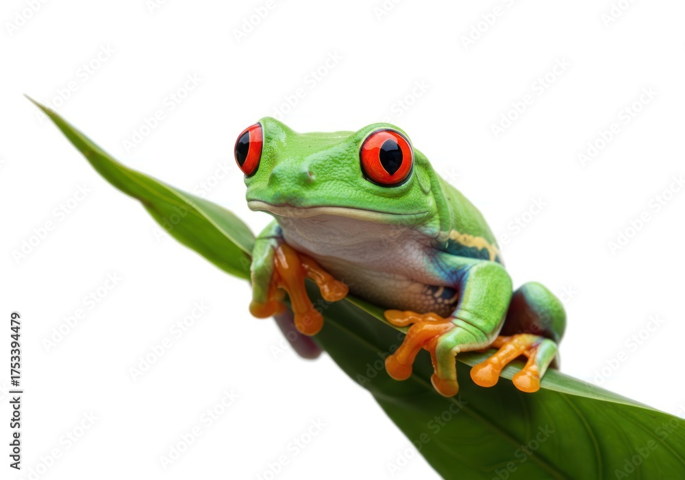 Obraz premium Colorful Green Tree Frog Sitting on Leaf with Red Eyes in Close Up