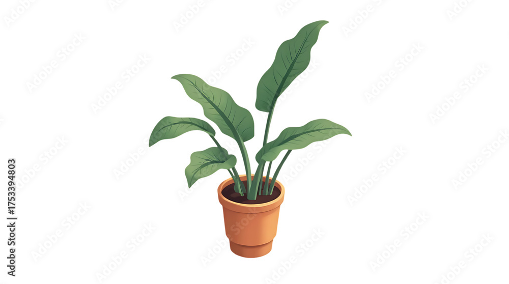 Obraz premium Healthy Green Houseplant with Large Leaves in Small Terracotta Pot for Indoor Decoration