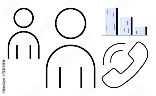Abstract line art of two people, phone call icon, and bar chart. Ideal for teamwork, networking, communication, analytics, digital interaction, customer service simple flat metaphor