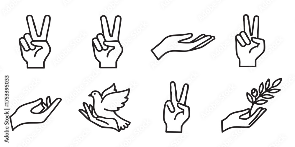 Fototapeta premium Set of peace hand gesture outline icons vector 