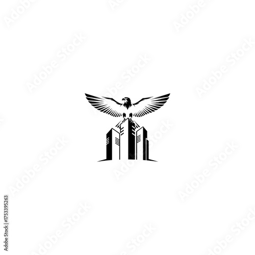 Eagle perches atop three buildings in black and white, stylized