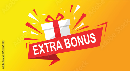 White gift box with red ribbon and text EXTRA BONUS on red banner present bonus