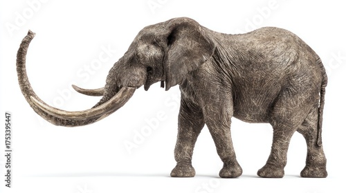 Side view of a large, gray elephant, with a curved trunk reaching forward