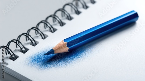 A vibrant blue colored pencil rests on a blank spiral notebook page, with a smudged tip of color