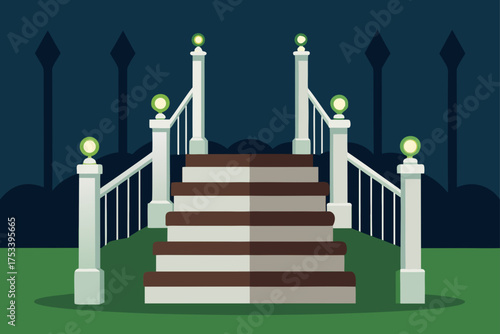 Illustration of stairs with lit railings
