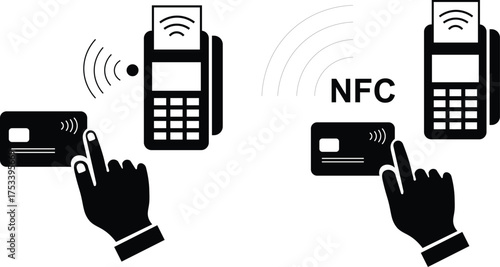 Hand holding credit card near payment terminal with NFC signal contactless payment