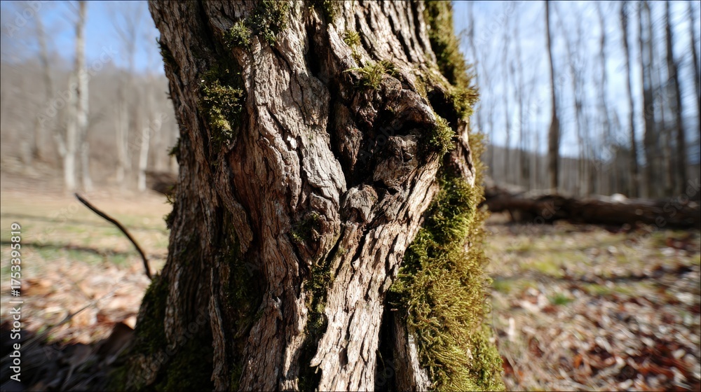 Fototapeta premium Textured tree bark with moss in sunlit forest setting