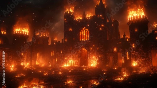 An epic cinematic video of a medieval castle burning at night representing the fall of a kingdom perfect for films about war history and fantasy.