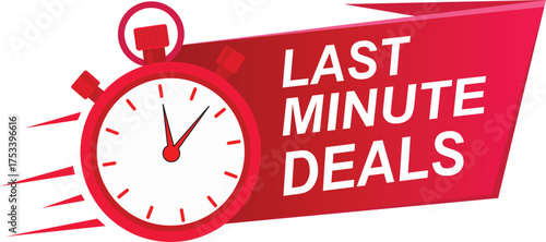 Red stopwatch graphic with white text last minute deals timer clock