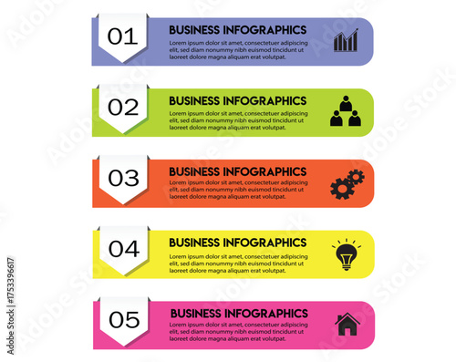 Colorful business infographic template with five steps, numbered banners, icons, and text boxes for presentation, workflow, process chart, data visualization, or marketing report design