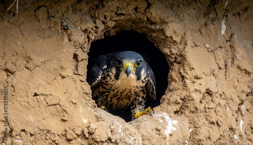 A raptor with intricate plumage peeks from a dark burrow in a weathered, earthen wall. Its sharp gaze pierces the lens