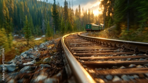 A captivating perspective of a winding train track glimmering in the sunlight, framed by a dense forest, evoking feelings of adventure and tranquility in nature.