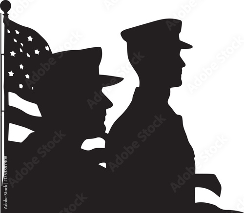 Military personnel with American flag vector in black silhouette for patriotic tribute and national pride