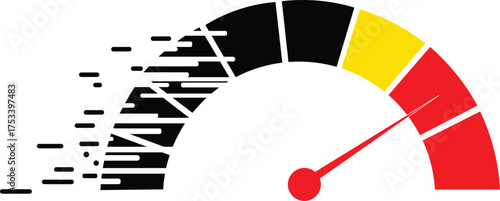 Speedometer gauge with black yellow red segments and motion blur effect dial