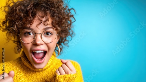 A joyful young woman with curly hair and glasses, wearing a yellow sweater and displaying excitement, representing happiness and youthful energy in a modern setting.