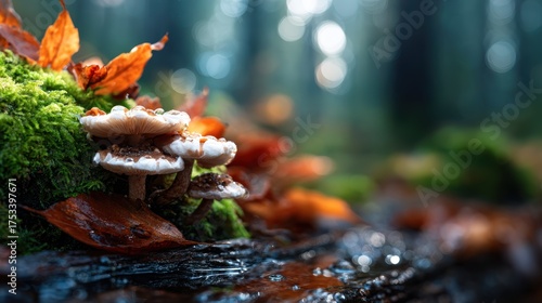 A captivating forest scene featuring mushrooms nestled among lush green moss, evoking a sense of tranquility and the beauty of nature in a serene, woodland environment.