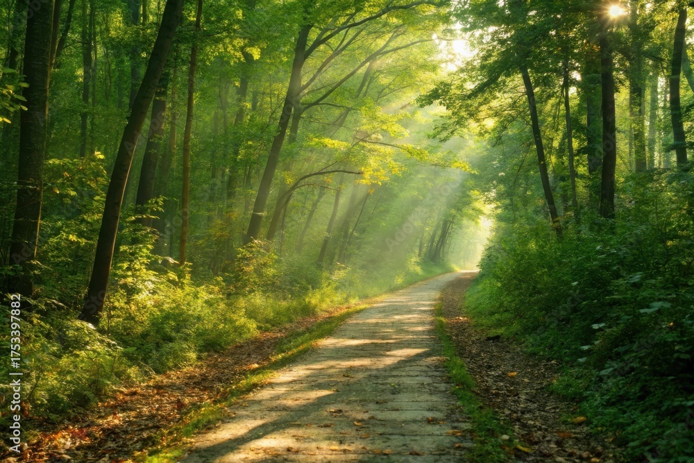 Obraz premium Serene forest path illuminated by sunlight, surrounded by lush greenery and tranquil atmosphere