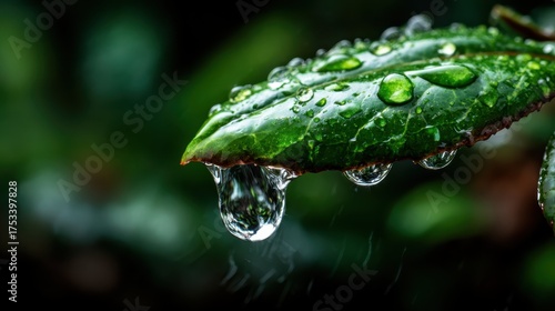 Close-up of raindrops delicately hanging from a lush green leaf captures the essence of nature's beauty and the refreshing feeling of a rain-soaked environment.