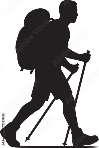 Silhouette of a hiker with backpack and trekking poles in motion