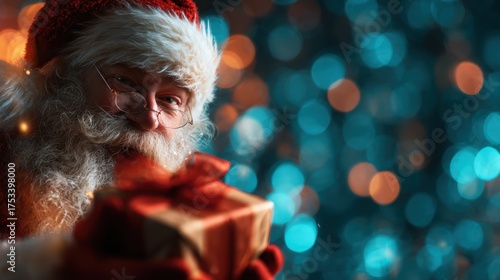 This enchanting image captures Santa Claus holding a beautifully wrapped gift, set against a dreamy background of shimmering blue and orange lights, evoking holiday magic.