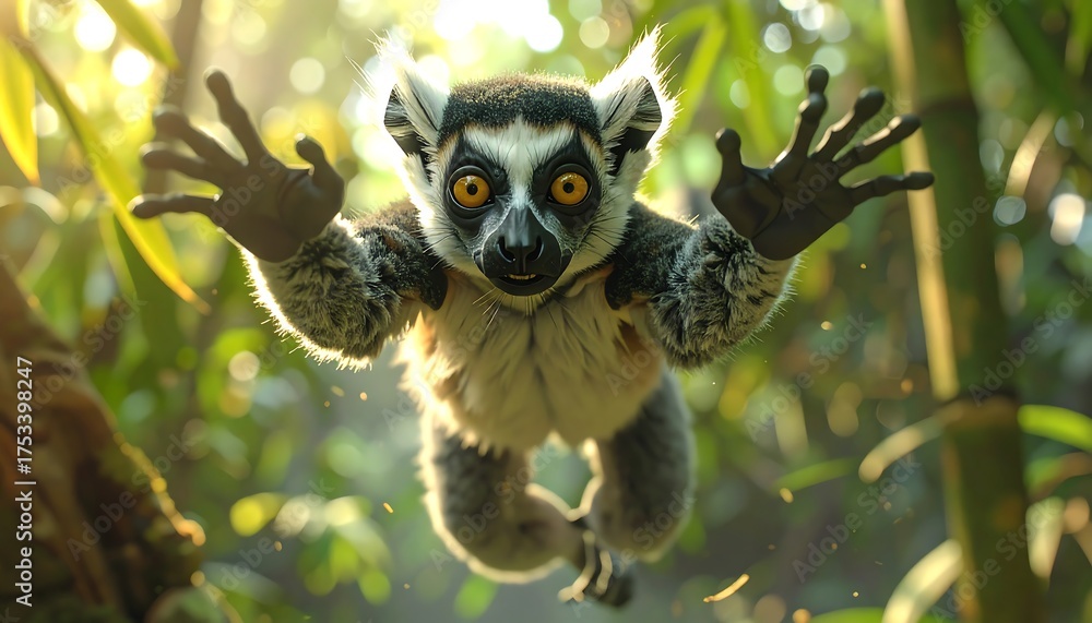 Naklejka premium A ring-tailed primate leaps towards the viewer, arms outstretched, captured against a bright, sunlit green forest backdrop. Its eyes are open wide