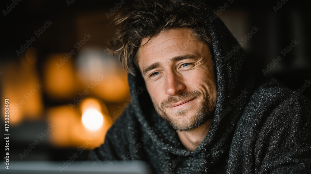 Fototapeta premium Man with short dark hair wearing a hoodie sitting at a desk with a laptop, warm cozy apartment background, relaxed smile, cinematic natural light