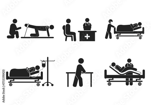 Collection of silhouette illustrations of stick figures of care and therapy activities by doctors, patients and nurses in hospitals for advertisements and flyers with healthcare and hospital icons.