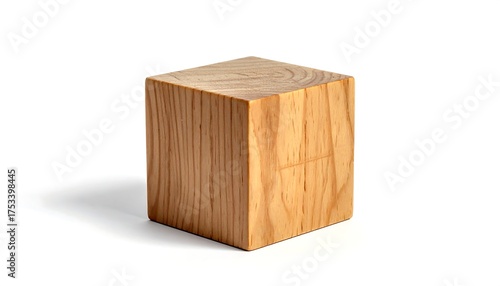 A single, solid wooden cube rests on a white surface. The cube displays visible grain patterns, and casts a slight shadow
