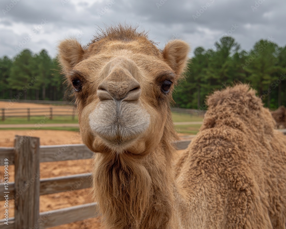 Obraz premium North Carolina Zoo. Aloha Dromedary Camel in Natural Habitat, Wildlife Conservation