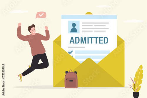 Invitation to enter college or academy. Happy student jumping near yellow envelope. New student admitted to education. Confirmation of admission to university.