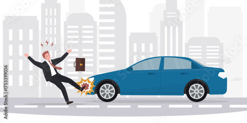 Car driving and hitting pedestrian on road. Injured man and transport vehicle emergency situation. Auto and person collision. Traffic accident. City view on background.