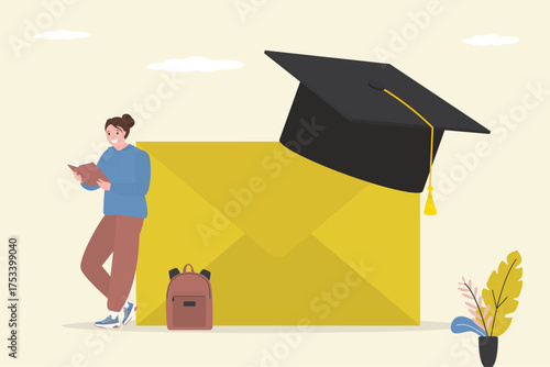 Letter with exam results. Invitation to enter college or academy. Smart student standing near yellow envelope and reading book. Graduation hat