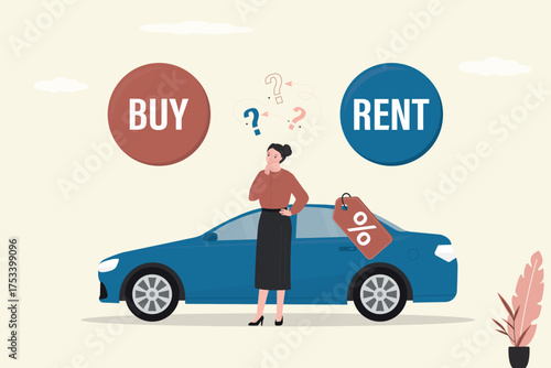 Difficult decision. Businesswoman choose between buy or rent to new car. Female customer standing before modern red auto. Leasing or purchase. Woman thinking.
