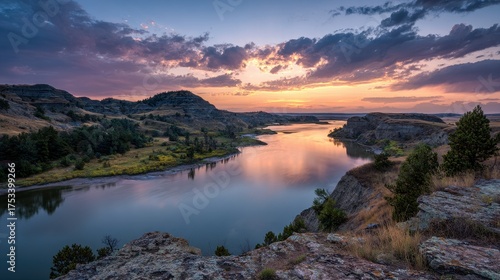 Fototapeta Naklejka Na Ścianę i Meble -  North Dakota Lake. Stunning Sunset Landscape at Theodore Roosevelt National Park