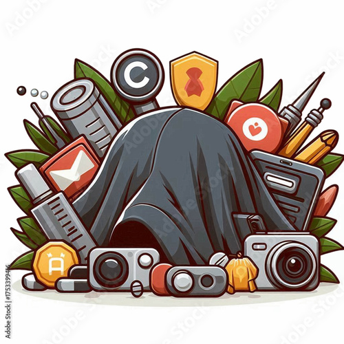 Cartoon assemblage under dark cloth cameras tablet coin copyright  secure icons stylus leaves cylinders  misc objects